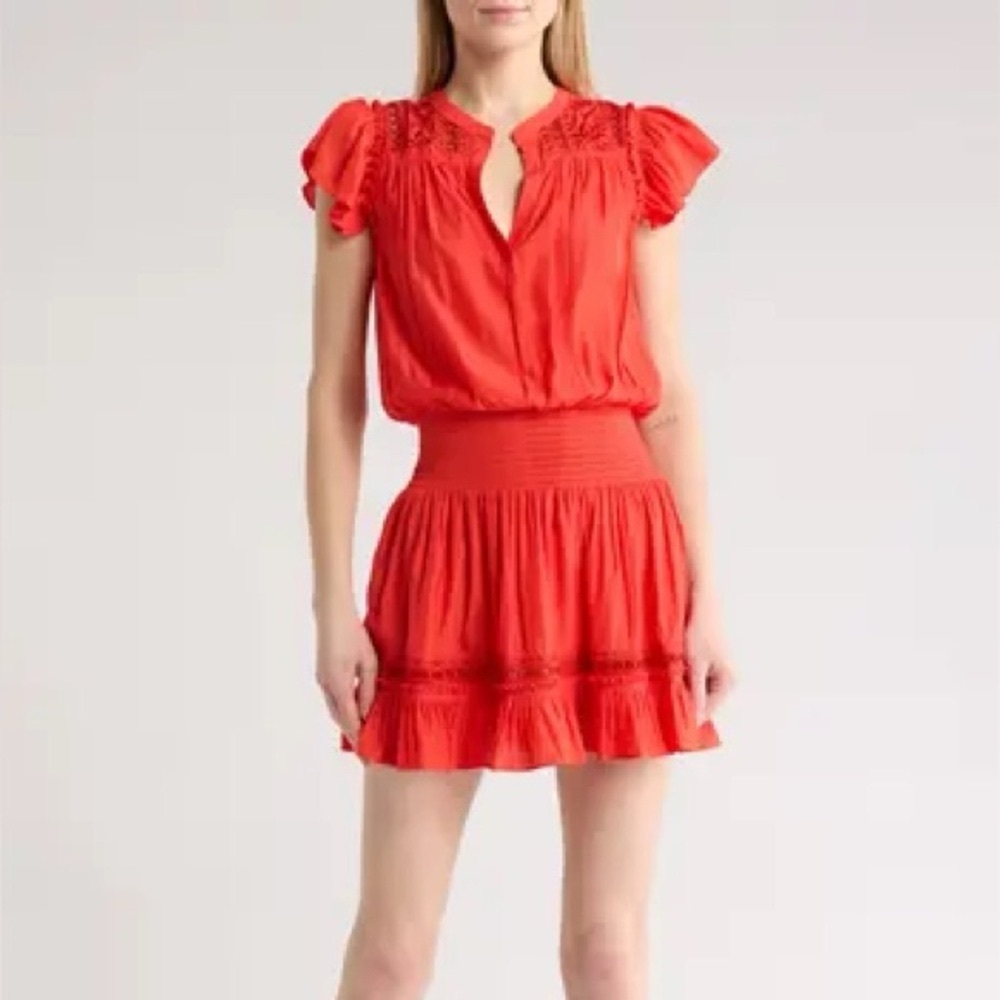 NEW Ramy Brook Marbelis Embroidered Tiered Dress Flame Orange Small